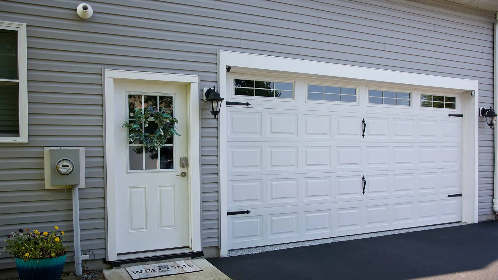 White garage door and entrance