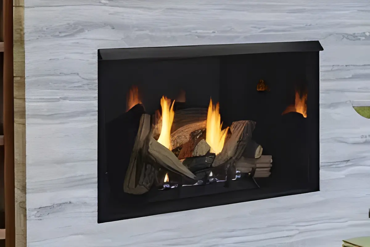 Infographic showing gas fireplace with a black frame and a white wall behind it