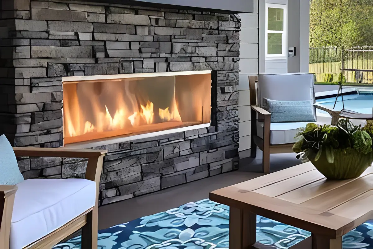 Infographic showing patio with two chairs and a table in front of a fireplace, surrounded by a swimming pool